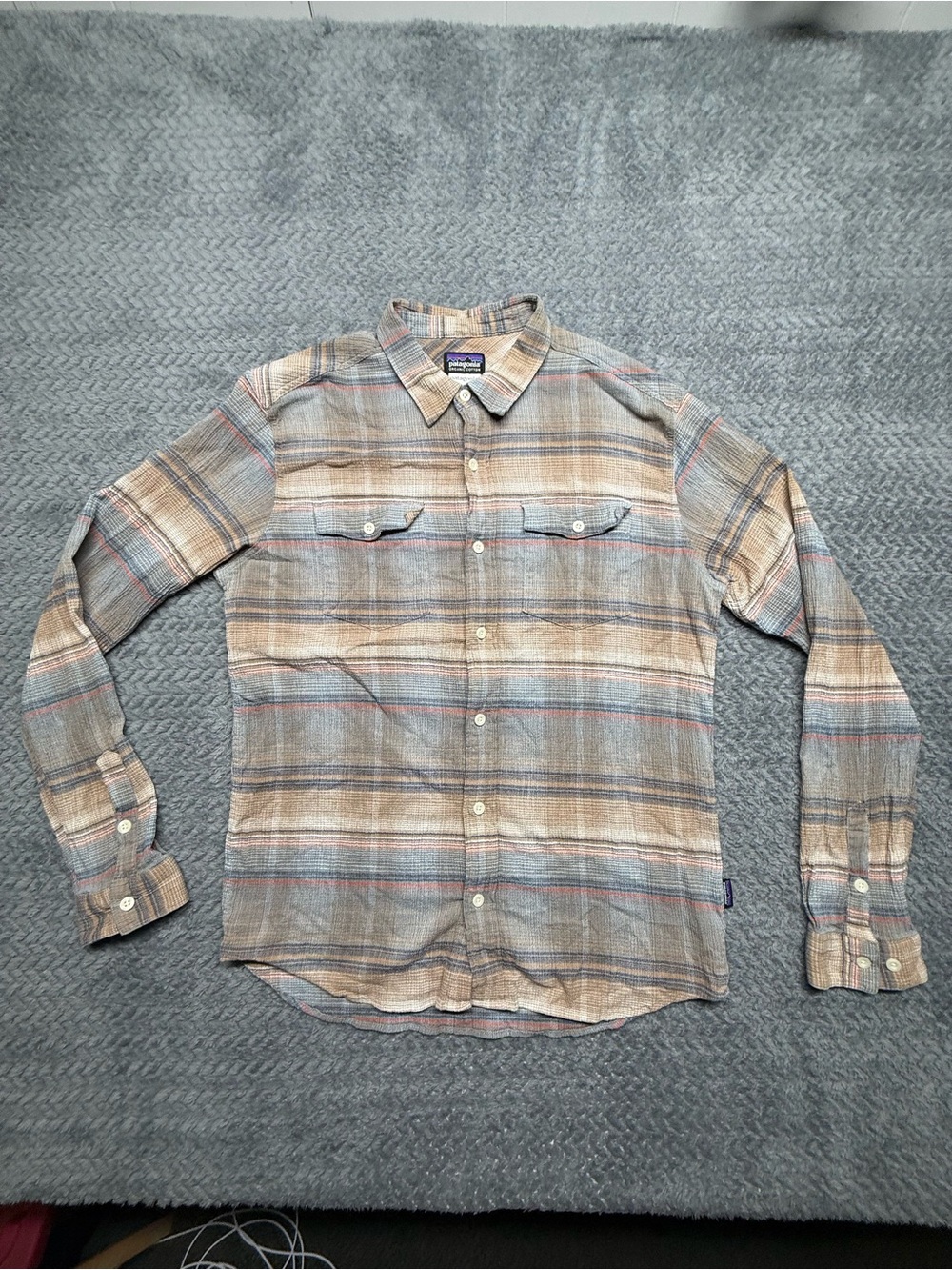 Patagonia Men's Multi-Stripe Button-Down Shirt in Tan and Gray